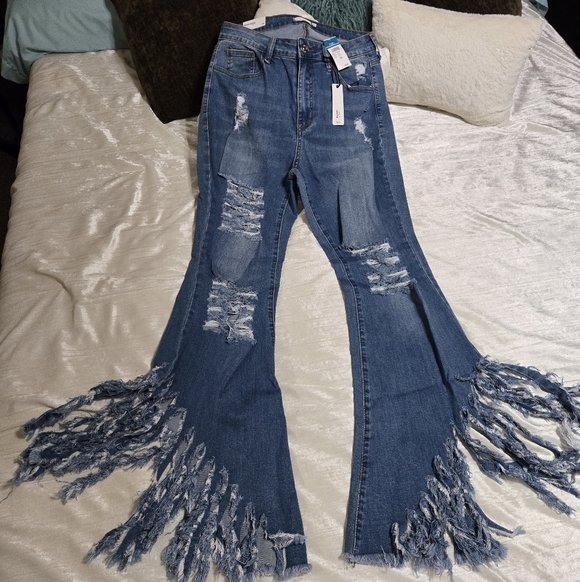 Rue21 Denim - Distressed Blue Flare Jeans with Fringe By Rue Size 14 NWT